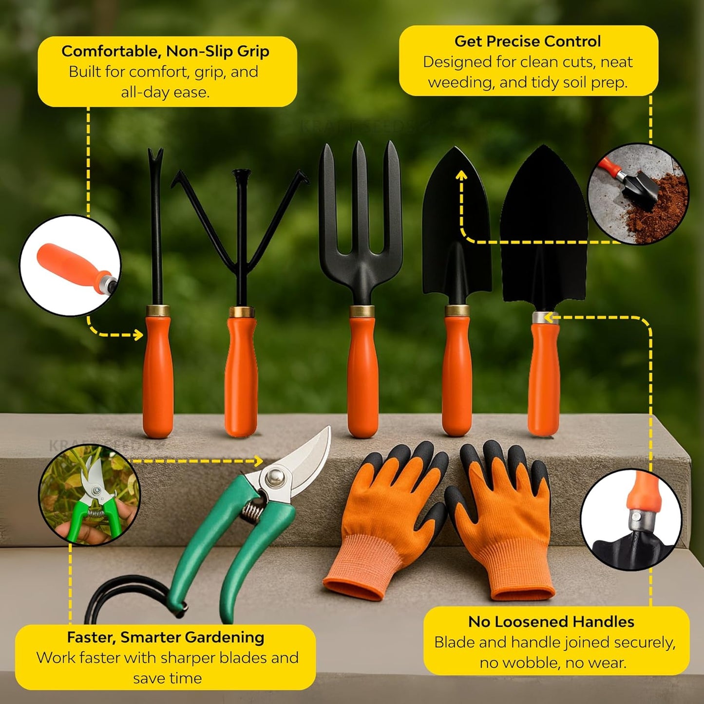 Kraft Seeds Home Tools, 7Pcs Gardening Tools Kit for Home Garden - (Cultivator, Fork, Trowels, Weeder, Gloves, Pruner Cutter), Lightweight, Portable, Durable Gardening Items for Indoor and Outdoor Use - Seeds Ville