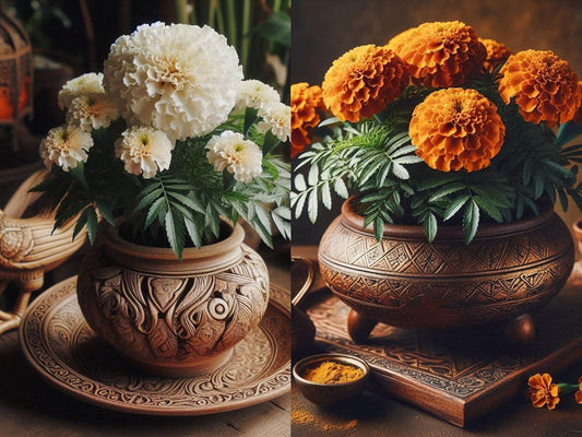 100+ Seeds- Hybrid Compact Marigold Flower Seeds Twin Combo- African & White - Heavy Bloomer. - Seeds Ville