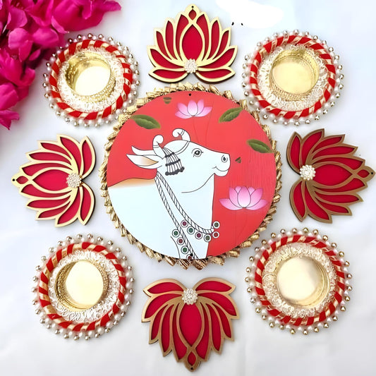 Tradiational Pichwai Cow Tealight Candle Holder Rangoli Set - Diwali, Navratri Home Decoration - Seeds Ville