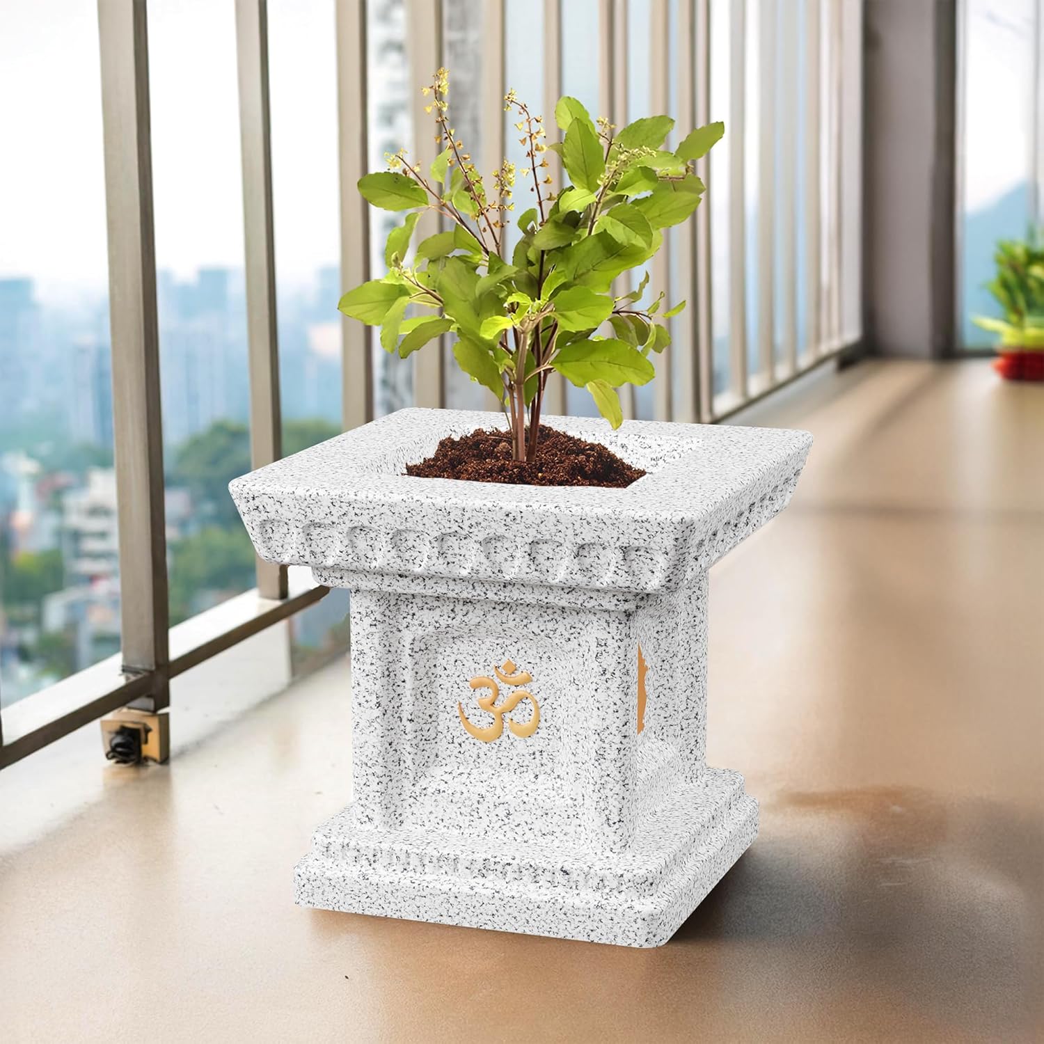 YUCCABE ITALIA FOXB 12 Inches Tulsi Planter Stylish German Polymer Tulsi Planters Pot Suitable for Outdoor and Indoor Use Marbel White