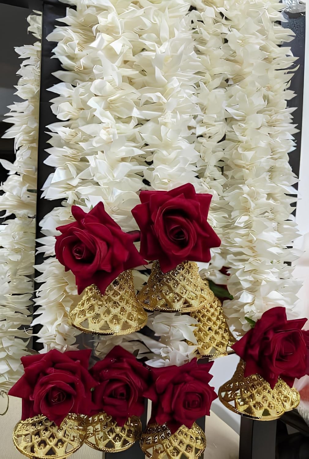 Artificial White Strings and Red Rose Garlands for All Wedding Decorations White Strings and Red Rose for Diwali and Traditional Function Event Decor (Set of 6) - Seeds Ville