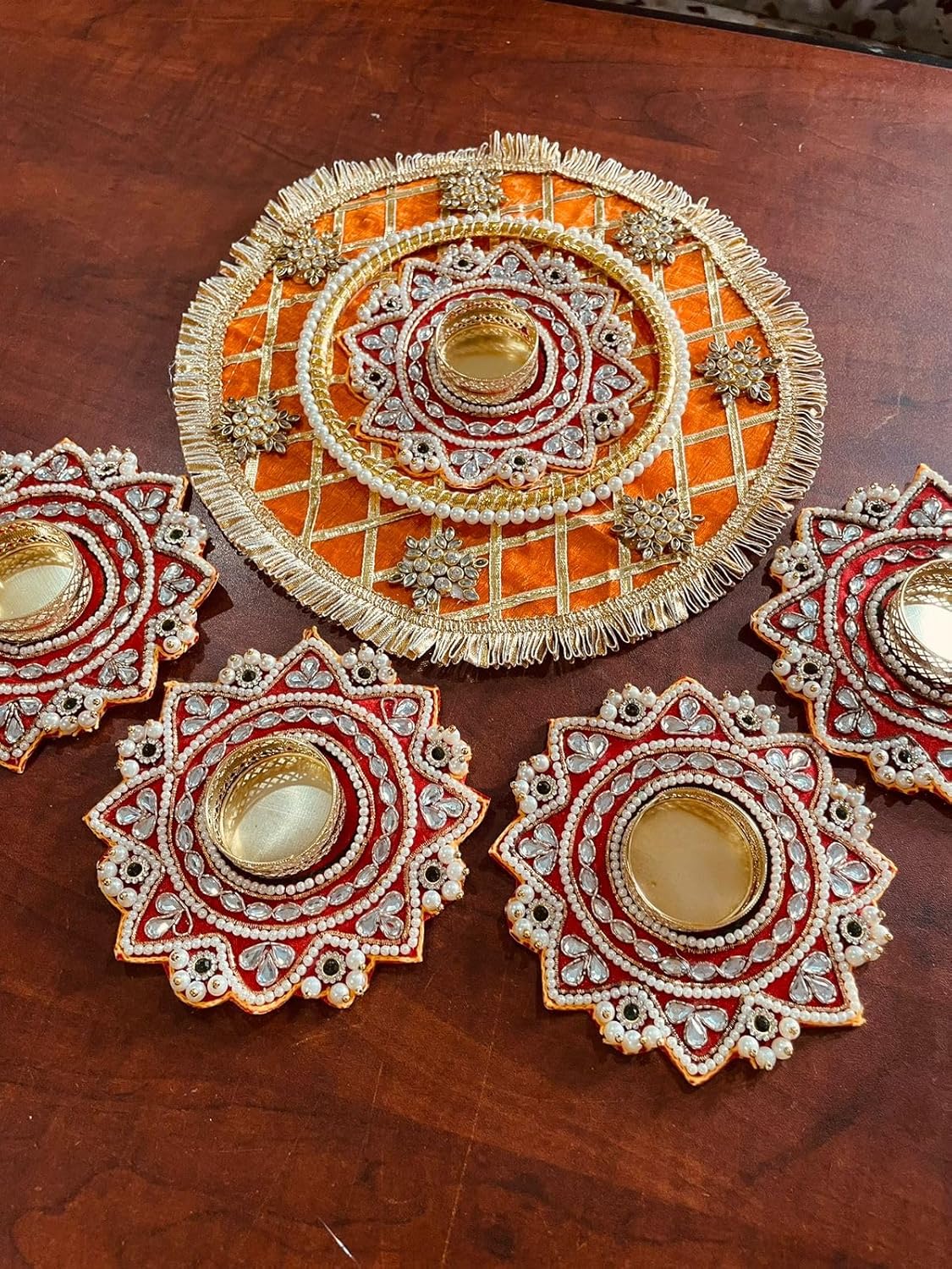 Handmade Artificial Rangoli Mat Tealight Candle Holder Diya | Traditional Colourful Deepak Diya Tea Light Candle Set for Home Decoration, Diwali, New Year Gifting (Multicolour, Pack of 5) - Seeds Ville