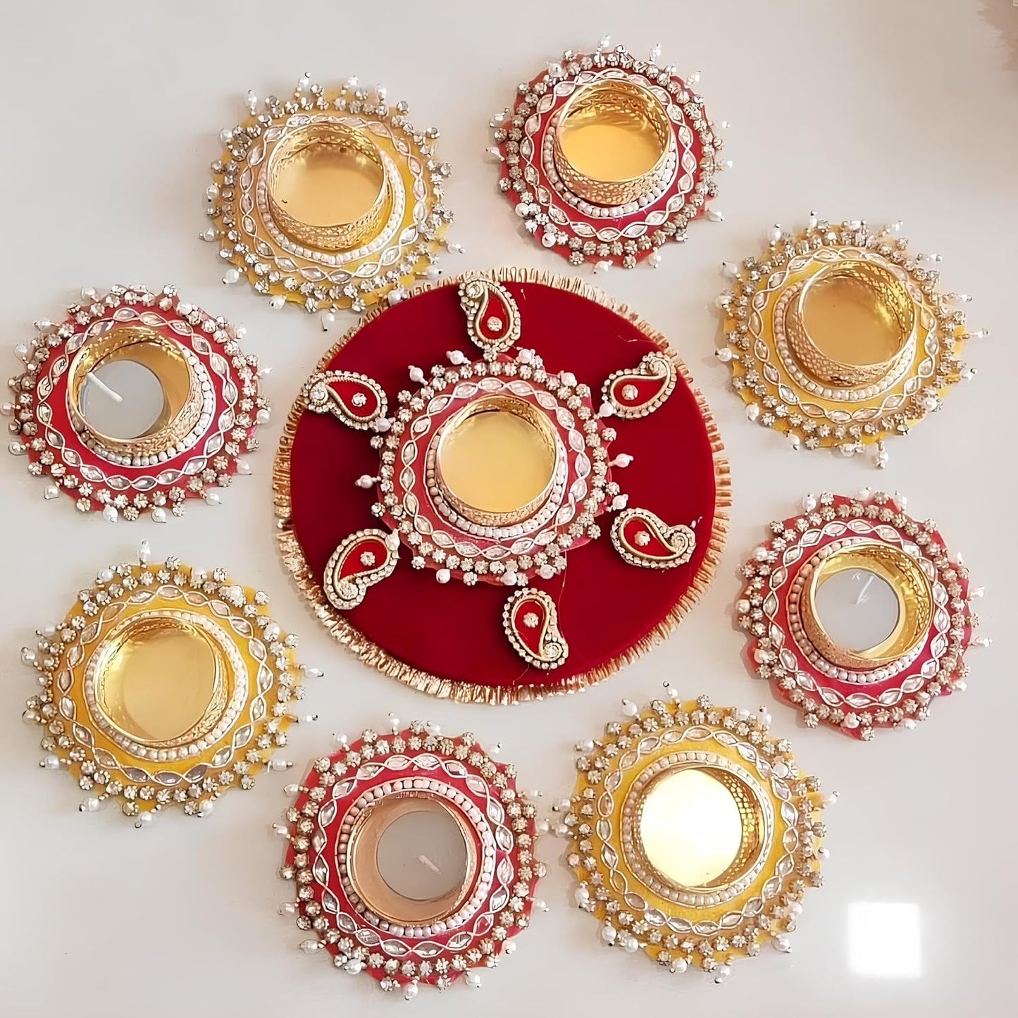 Hand Crafted Tealight Candle Holder Rangoli Set for Diwali & Other Festivals Home Decoration. - Seeds Ville